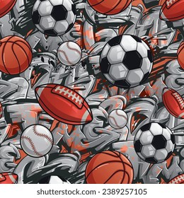 Sport seamless pattern with soccer ball, basketball, rugby ball, football, baseball. Sports repeat print. Footballs endless ornament. Equipment for sport.