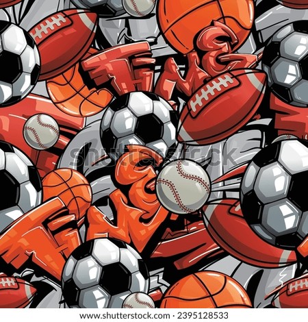 Sport seamless pattern with soccer ball, basketball, rugby ball, football, baseball. Sports repeat print. Footballs endless ornament. Equipment for sport.