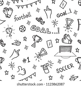 Sport  seamless pattern with soccer doodles on a white background
