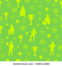 Sport seamless pattern, soccer player boy's silhouettes and trophy, stars vector illustration