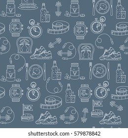Sport seamless pattern. Weight Loss, Diet template. Fitness and health collection. Thin line design. Vector pictograms.