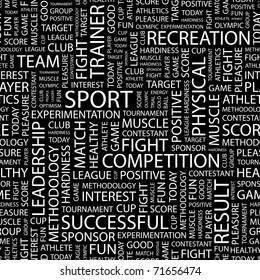 SPORT. Seamless vector pattern with word cloud. Illustration with different association terms.