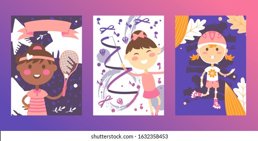 Sport section for children, active kids cartoon characters vector illustration. Happy girls playing tennis, roller skating, gymnastics. Children sport section invitation banner, healthy kids activity