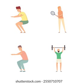 Sport section icons set cartoon vector. People doing physical exercise. Fitness or physical training