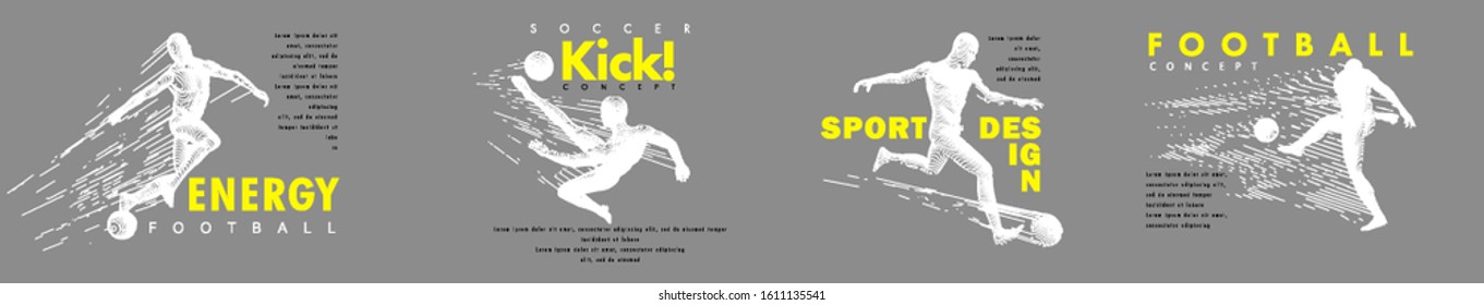 Sport set. Art concept of a football soccer player. Vector drawn by lines. Minimal cover design. Creative line-art. Vector template brochures, flyers, presentations, logo, print, leaflet, banners.