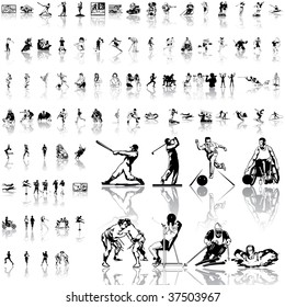 Sport set of black sketch. Part 2. Isolated groups and layers.