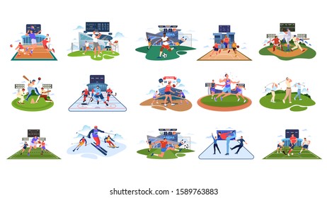 Sport set. Collection of different sport activity. Professional athlet doing sport. Basketball, football, volleyball and tennis. Isolated vector illustration in cartoon style