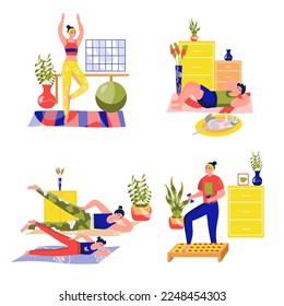 Sport set concept with people scene in the flat cartoon style. Man and woman do different yoga and fitness exercises to keep the body in good shape. Vector illustration.