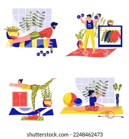 Sport set concept with people scene in the flat cartoon style. People do physical exercises at home to be a healthy. Vector illustration.