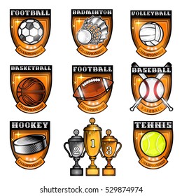 Sport set equipments ball, shuttlecock, puck in center of shield with name of game. Sport logo isolated on white for any team or competition