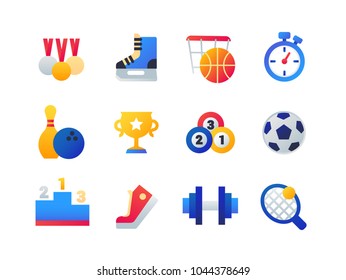Sport - set of flat design style icons isolated on white background. Medals, skates, basketball, timer, bowling ball and pin, cup, billiard, football, podium, gumshoe, barbell, tennis racket