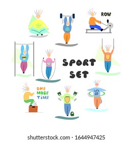 Sport set in flat design. Vector illustration. Fitness, gym, crossfit. Woman do exercise. 