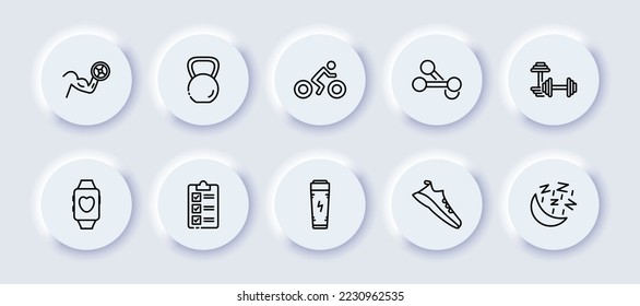 Sport set icon. Athlete, dumbbell, biceps, workout, kettlebell, bicycle, barbell, fitness tracker, completed goals, energy, protein, sneakers, sleep. Healthy lifestyle concept. Neomorphism style