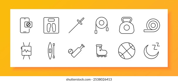 Sport set icon. Basketball, soccer ball, weights, jump rope, heart rate monitor, cricket bat, and kayaker. Ideal for physical fitness, sports, and exercise