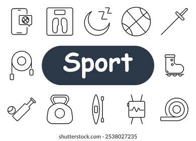 Sport set icon. Basketball, soccer ball, weights, jump rope, heart rate monitor, cricket bat, and kayaker. Ideal for physical fitness, sports, and exercise