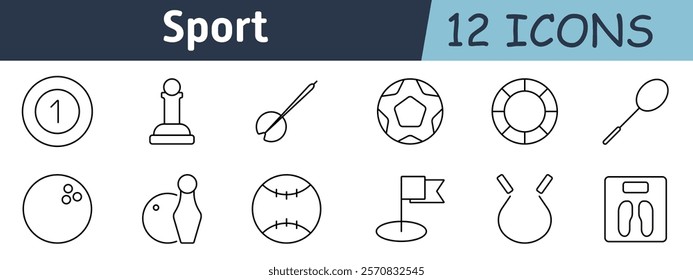 Sport set icon. Billiard ball, chess piece, dartboard, soccer ball, lifebuoy, badminton, bowling ball, bowling pin, baseball, golf flag, kettlebell, weight scale