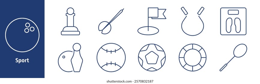 Sport set icon. Bowling ball, chess, golf flag, punching bag, scale, bowling pins, baseball, soccer ball, life ring, badminton racket, fitness, recreation