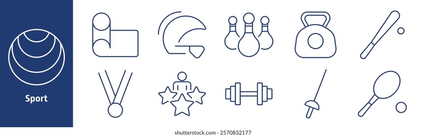 Sport set icon. Bowling, gymnastics, kettlebell, dumbbell, baseball bat, fencing, award, medal, athlete, training, fitness, recreation