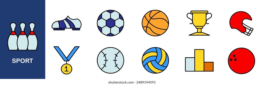 Icono de conjunto deportivo. Pines de boliche, balón de fútbol, baloncesto, trofeo, casco, medalla, béisbol, voleibol, carta, equipo deportivo, premios, victoria, competencia.