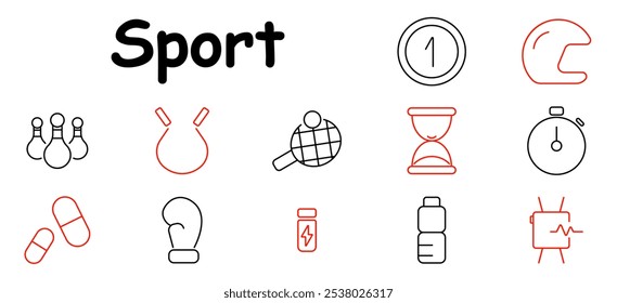 Sport set icon. Bowling pins, jump rope, table tennis, timer, stopwatch, helmet, boxing glove, supplements, energy drink, water bottle, hourglass