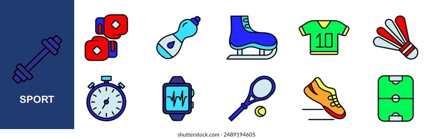 Sport set icon. Boxing gloves, water bottle, ice skate, jersey, shuttlecock, stopwatch, smartwatch, tennis racket, running shoe, soccer field, sports equipment.