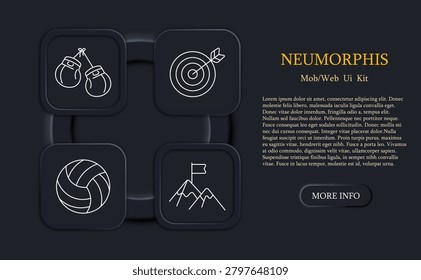 Sport set icon. Boxing gloves, target, volleyball, mountain, competition, training, achievement, fitness, goal, activity, game, challenge, outdoor, victory, energy, action.