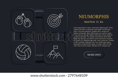 Sport set icon. Boxing gloves, target, volleyball, mountain, competition, training, achievement, fitness, goal, activity, game, challenge, outdoor, victory, energy, action.