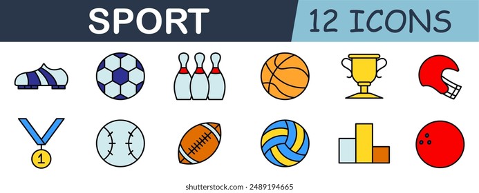 Sport set icon. Cleats, soccer ball, bowling pins, basketball, trophy, football helmet, medal, baseball, football, volleyball, podium, bowling ball.