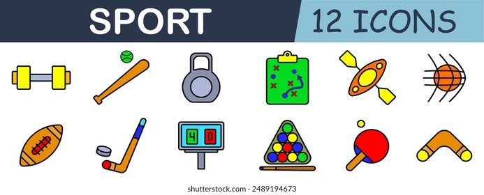 Sport set icon. Dumbbell, baseball bat, kettlebell, clipboard, archery target, basketball, football, hockey stick, scoreboard, billiards, table tennis, boomerang.