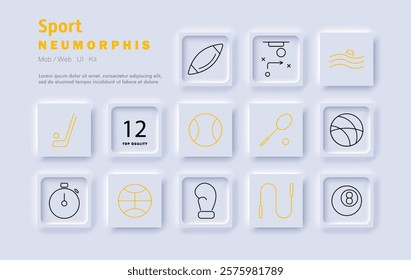 Sport set icon. Football, hockey, basketball, swimming, tennis, boxing, billiards, stopwatch, game strategy, jump rope, court layout