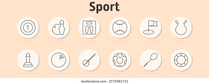 Sport set icon. Gold medal, bowling ball, scales, baseball, golf flag, gymnastics rings, chess piece, bowling pin, fishing rod, soccer ball, badminton racket, lifebuoy