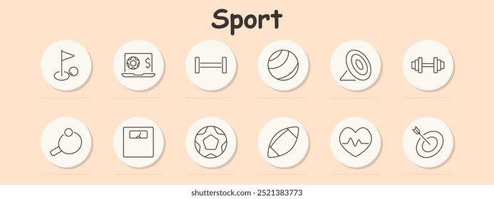 Ícone de conjunto de esporte. Bandeira de golfe, laptop com símbolo de dinheiro, barbell, bola de ioga, alvo de tiro com arco, haltere, escala, futebol, frequência cardíaca, precisão, levantamento de peso, fitness, esportes, equipamentos, definição de objetivos