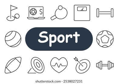 Sport set icon. Golf, laptop with sports betting, ping pong, scale, heart rate, soccer ball, target. Ideal for fitness, sports, and health tracking