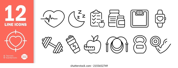 Icono de conjunto deportivo. latido del corazón, sueño, pulso, manzanas, timbre, bebida energética, soplo, figura, atletismo, etc. Concepto de estilo de vida saludable. Icono de línea de vector para negocios y publicidad