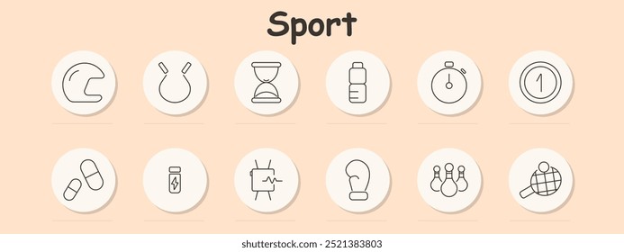 Ícone de conjunto de esporte. Capacete, saco de perfuração, temporizador, garrafa de água, cronômetro, primeiro lugar, bebida energética, luva de boxe, pinos de boliche, raquete de pingue-pongue, equipamento de esportes, tempo, fitness, hidratação