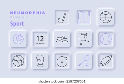 Sport set icon. Hockey, jump rope, basketball, swimming, strategy, tennis, boxing, stopwatch, rugby, billiards, weightlifting, training, competition, game plan