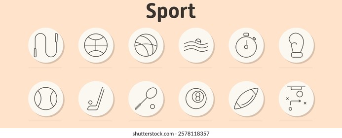 Sport set icon. Jump rope, volleyball, basketball, swimming, stopwatch, boxing glove, tennis ball, hockey stick with puck, badminton racket, billiard ball, rugby ball, strategy board