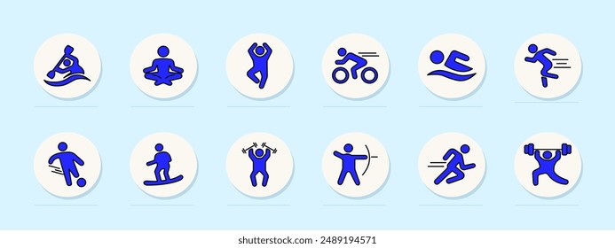 Sport set icon. Kayaking, yoga, stretching, cycling, swimming, running, soccer, snowboarding, weightlifting, archery, sprinting, fitness, exercise, outdoor activity, health, physical training, workout