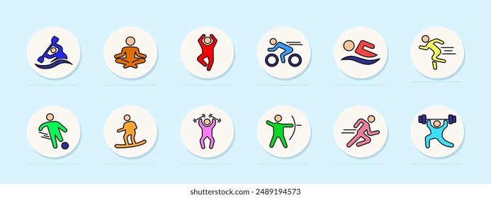 Sport set icon. Kayaking, yoga, stretching, cycling, swimming, running, soccer, snowboarding, weightlifting, archery, sprinting, fitness, exercise, outdoor activity, health, physical training, workout