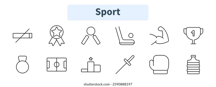 Sport set icon. No smoking, award, gymnastic rings, hockey, strength, trophy, medal, field, podium, fencing, boxing, water bottle.