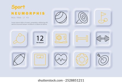 Sport-Set-Symbol. Pingpong, Fußball, Tor, Golf, Gewichtheben, Wette, Hantel, Skala, Fitness, Herzfrequenz, Ziel, Fußball, Training