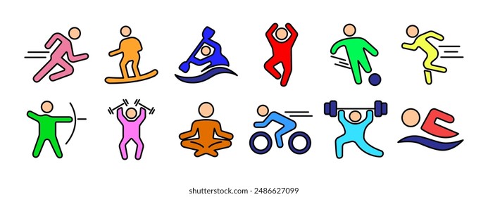 Sport set icon. Running, surfing, kayaking, jumping, soccer, archery, weightlifting, yoga, cycling, swimming. Physical activity and fitness concept.