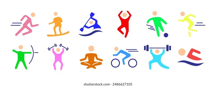 Sport set icon. Running, surfing, kayaking, jumping, soccer, archery, weightlifting, yoga, cycling, swimming. Physical activity and fitness concept.