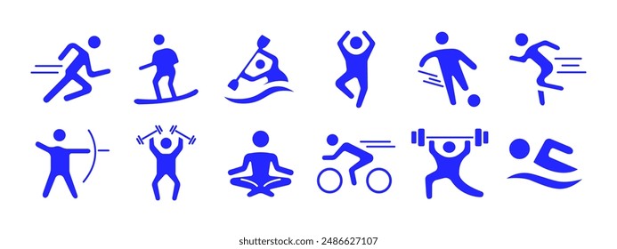 Sport set icon. Running, surfing, kayaking, jumping, soccer, archery, weightlifting, yoga, cycling, swimming. Physical activity and fitness concept.