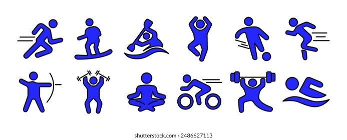 Sport set icon. Running, surfing, kayaking, jumping, soccer, archery, weightlifting, yoga, cycling, swimming. Physical activity and fitness concept.