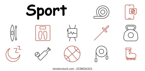 Sport set icon. Scale, tape measure, jump rope, weight, ball, fencing, basketball, cricket, boat, roller skate, fitness, sleep