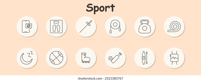 Sport set icon. Smartphone, fencing, jump rope, kettlebell, tape measure, basketball, rollerblades, cricket, canoe, heart rate monitor, fitness tracking, sports gear, competition