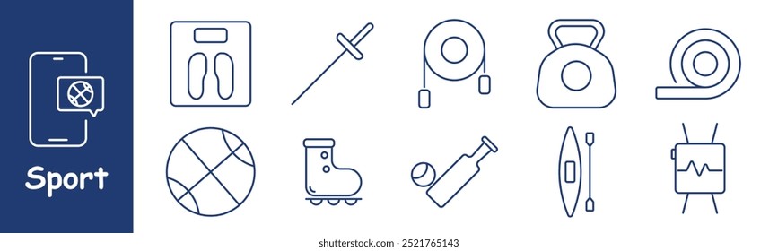 Sport set icon. Smartphone, fencing, jump rope, kettlebell, tape measure, basketball, rollerblades, cricket, canoe, heart rate monitor, fitness tracking, sports gear, competition