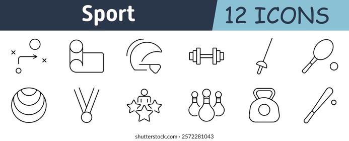 Sport set icon. Strategy plans, team players, helmet, dumbbell, fencing, table tennis, bowling pins, gym weights, baseball bat, medal, winner, and sports tactics