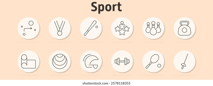 Sport set icon. Tactics board, medal, baseball bat, winner, bowling, kettlebell, yoga mat, juggling balls, helmet, dumbbell, badminton, fencing sword